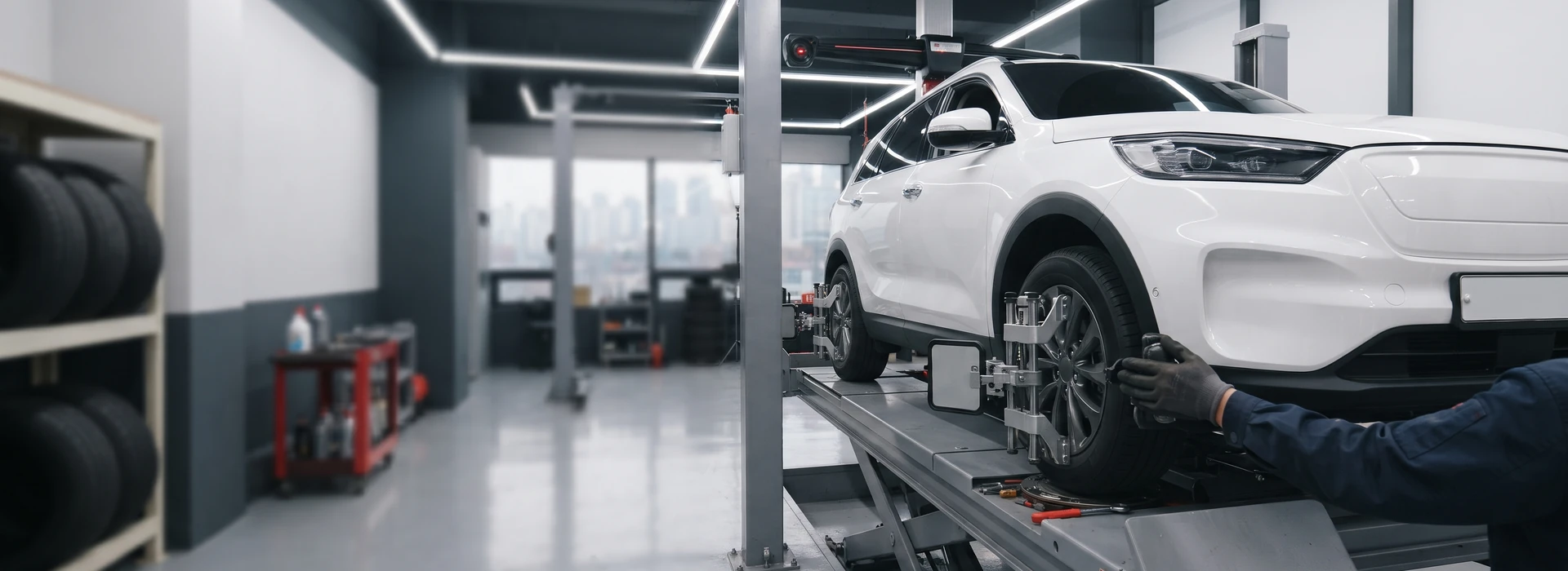 3D 레이저 휠 얼라인먼트 장비로 SUV 차량의 하체 조향각을 교정하는 한국인 수석 정비사